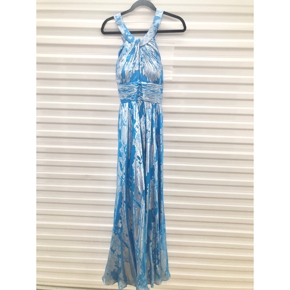 Aidan Mattox Blue and Silver Leaf Halter Gown 10 - Picture 1 of 10